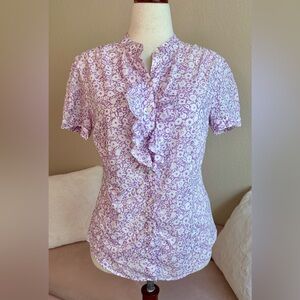 L.L. Bean Top Cotton Floral Ruffle Front Lavender Button Up Womens M Cottagecore